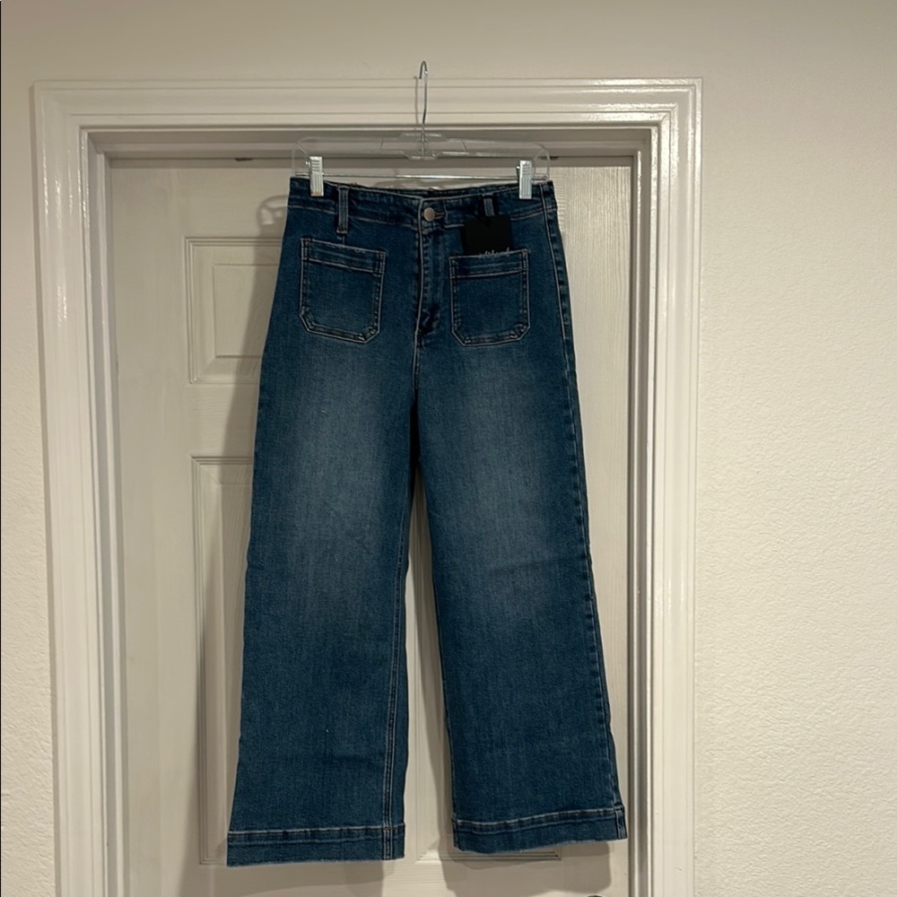 Blue Flare Wide-Leg Jeans with High-Rise Waist